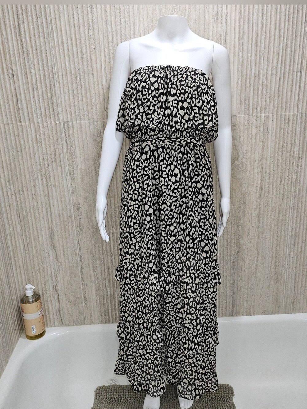 Zattcas Black & White Animal Print Chiffon Maxi Dress Strapless Ruffle M